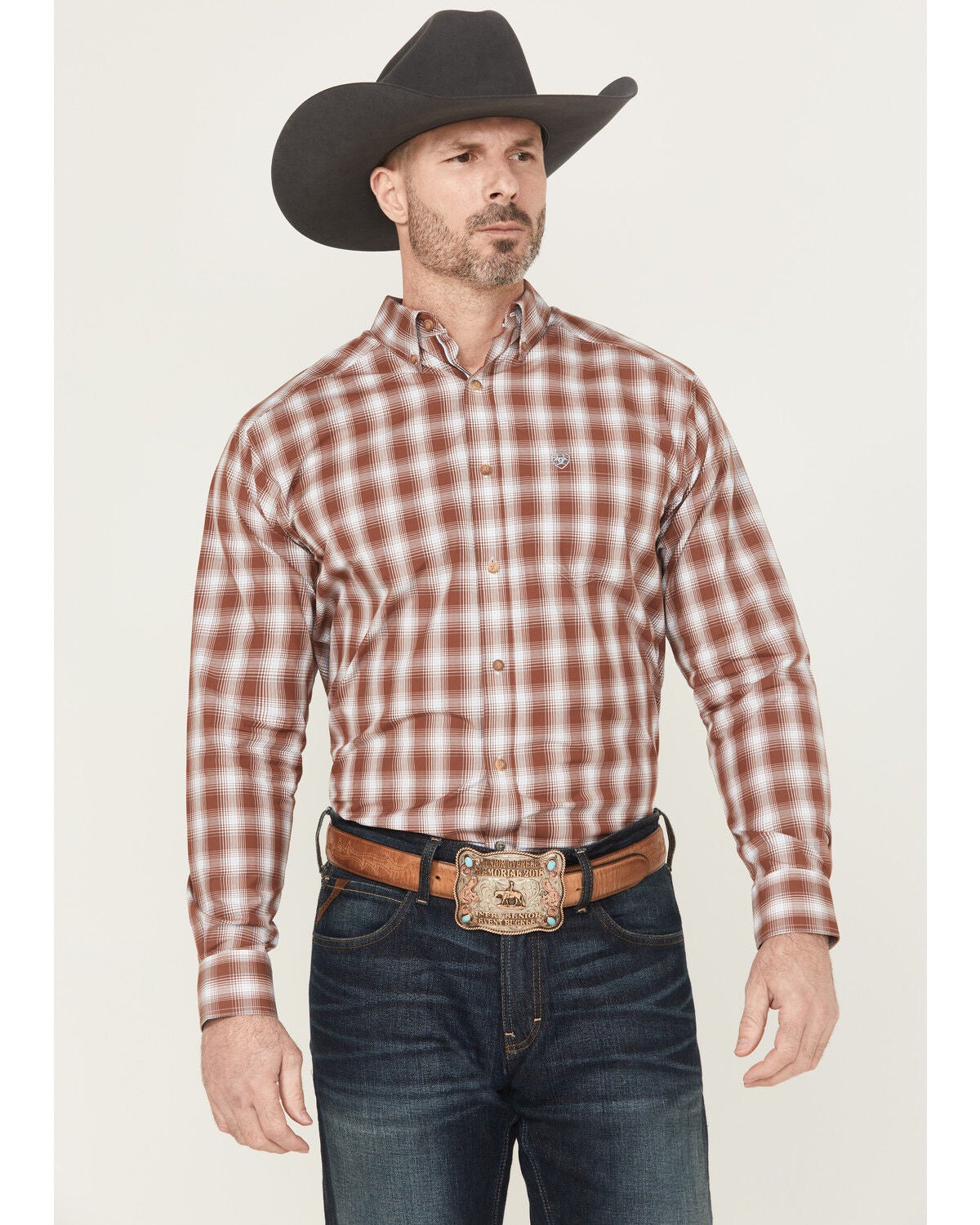 Ariat Men's Cruz Pro Series Plaid Print Long Sleeve Button-Down Stretch Western Shirt, Brown, hi-res