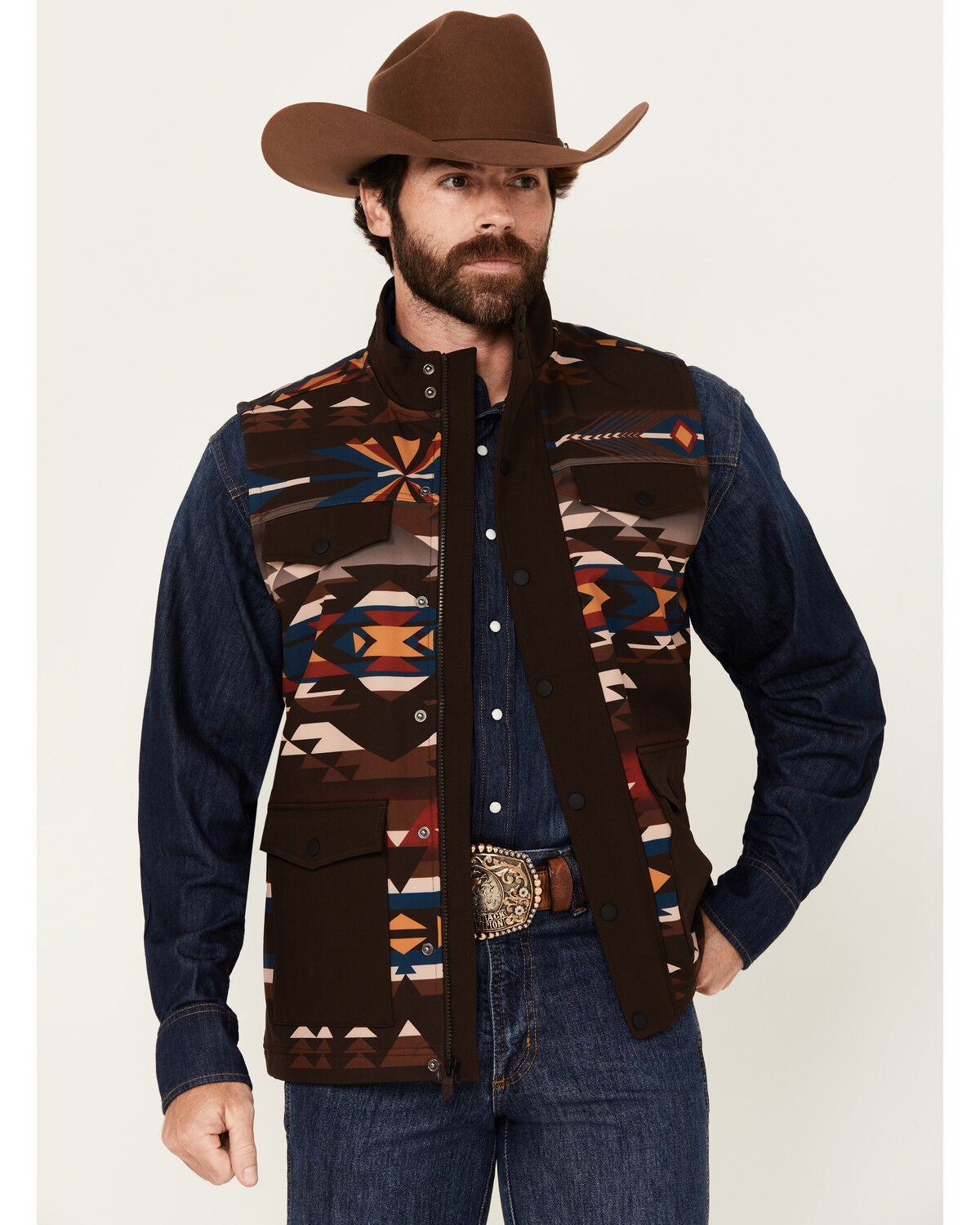 RANK 45&reg; Men's Southwestern Print Softshell Vest, Coffee, hi-res