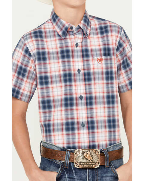 Image #3 - Ariat Boys' Olen Plaid Print Classic Fit Short Sleeve Button Down Western Shirt, Red/white/blue, hi-res
