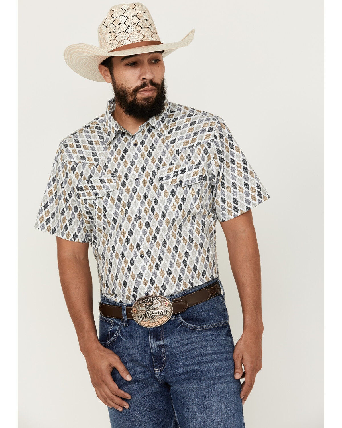 Gibson Men's Geo Print Short Sleeve Snap Western Shirt, White, hi-res