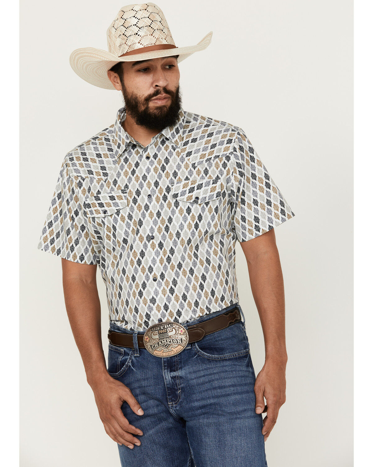 Image #1 - Gibson Men's Geo Print Short Sleeve Snap Western Shirt, White, hi-res