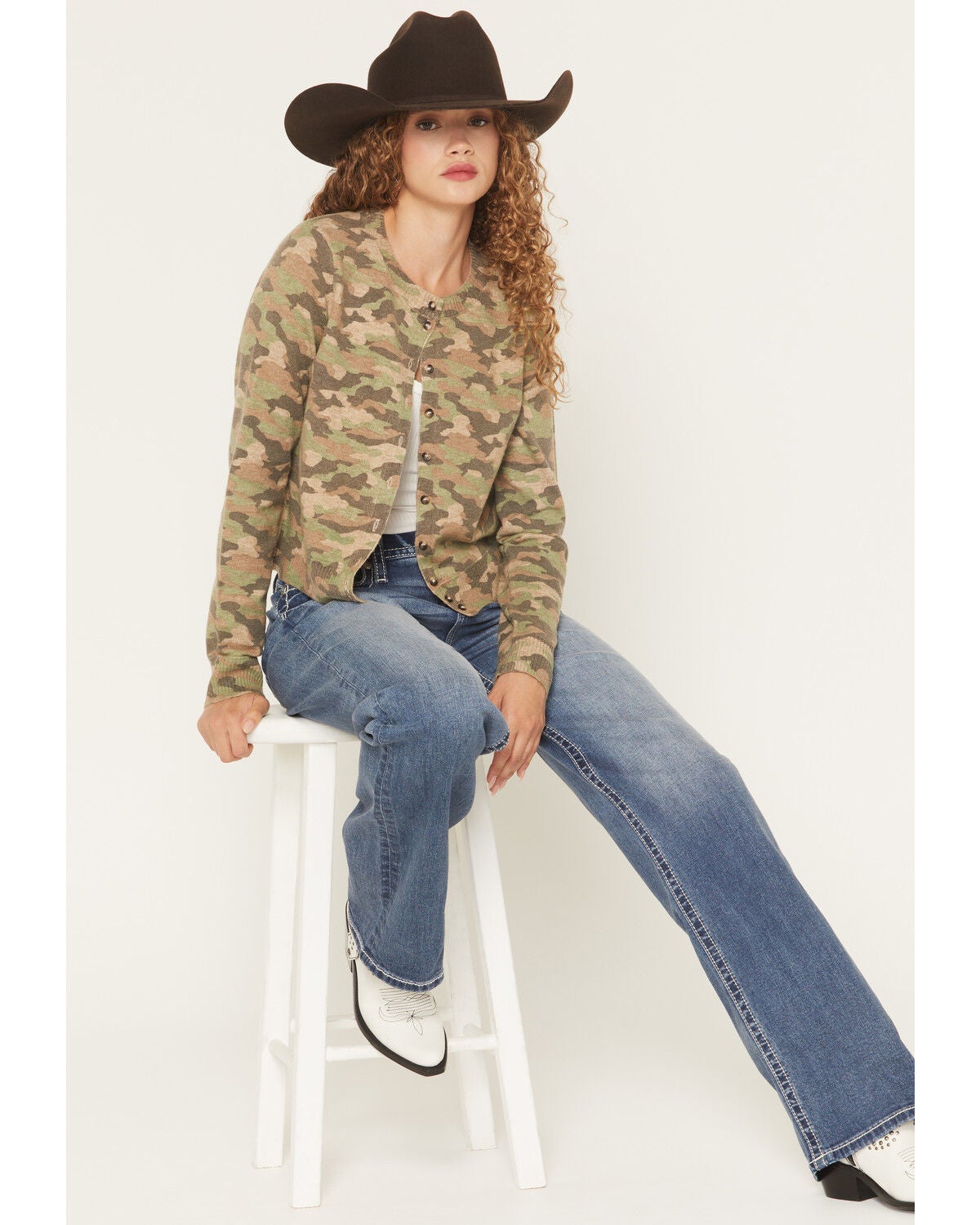 Image #1 - Miss Me Women's Camo Print Button-Down Sweater, Green, hi-res
