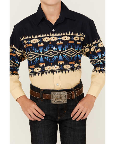 Image #3 - Panhandle Boys' Southwestern Border Long Sleeve Pearl Snap Western Shirt , Multi, hi-res