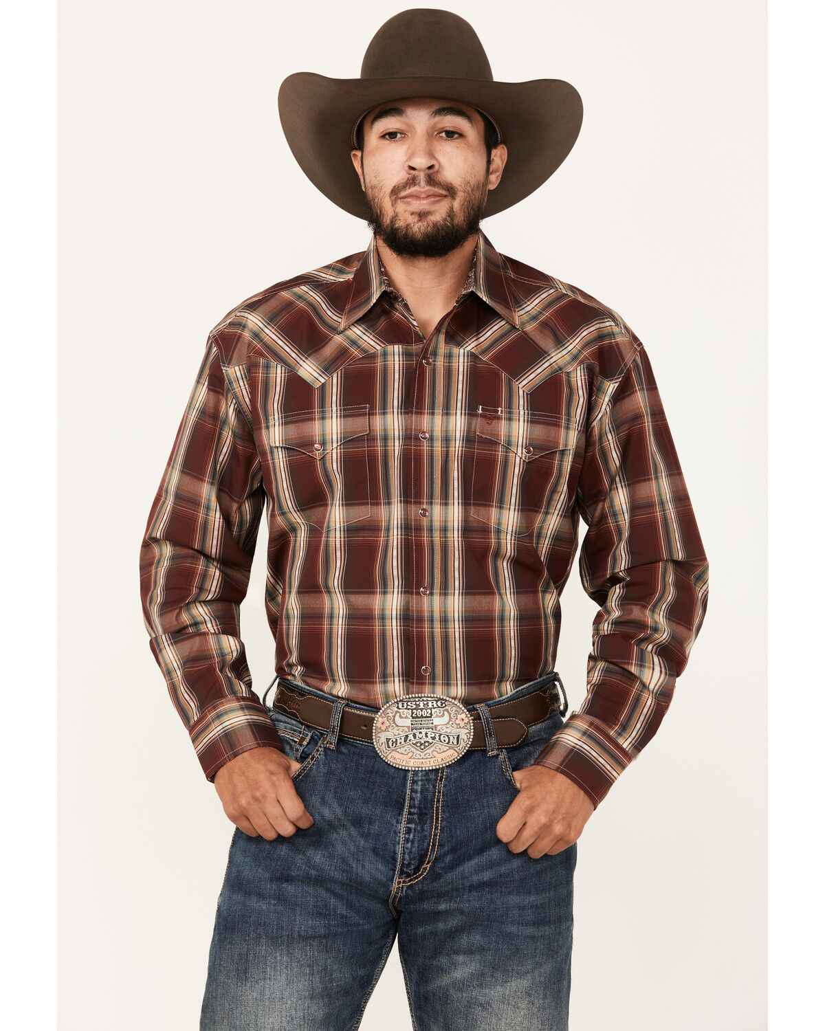 Image #1 - Stetson Men's Plaid Print Long Sleeve Snap Western Shirt, Wine, hi-res