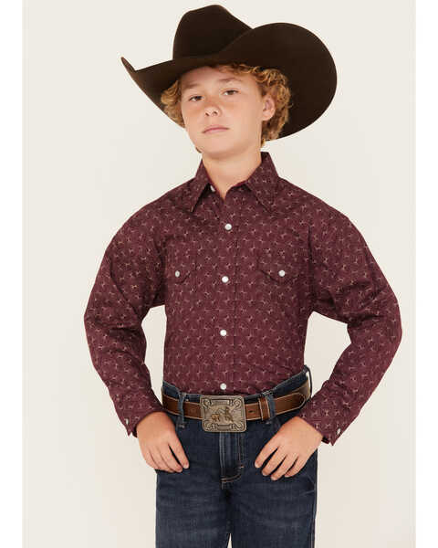 Panhandle Boys' Geo Print Long Sleeve Pearl Snap Western Shirt, Burgundy, hi-res