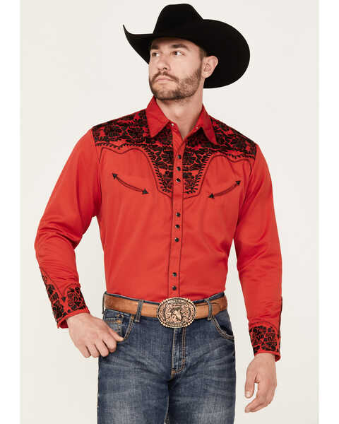 Scully Men's Embroidered Red Retro Long Sleeve Western Shirt, Red, hi-res