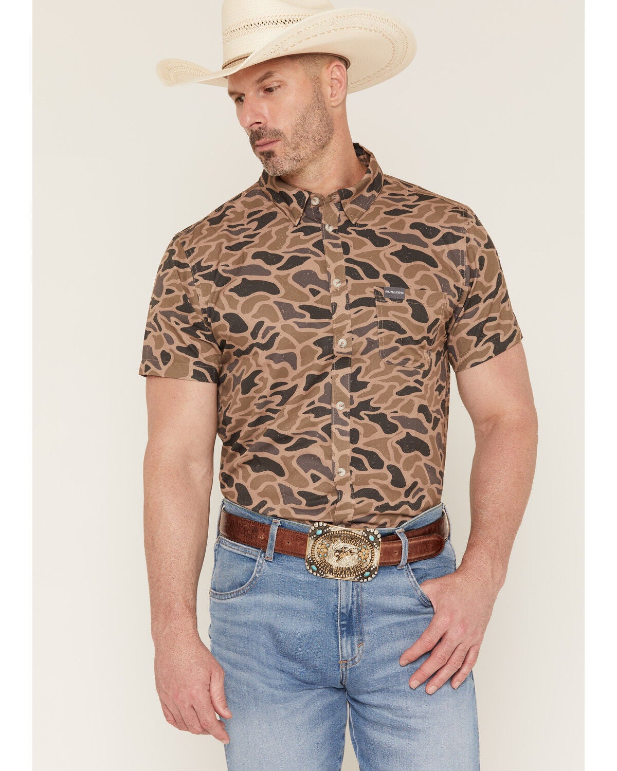 Burlebo Men's Camo Print Short Sleeve Button-Down Western Shirt, Camouflage, hi-res