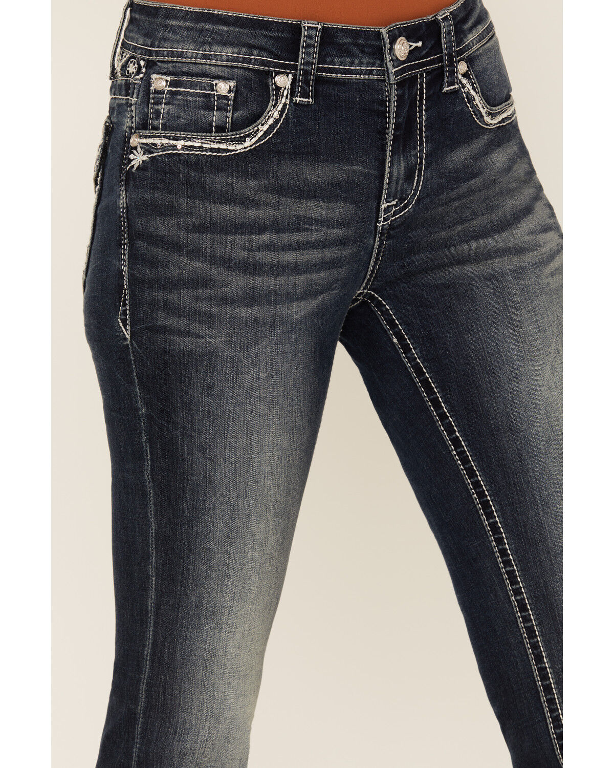 Image #4 - Grace In LA Women's Dark Wash Floral Paisley Embroidered Mid Rise Bootcut Stretch Denim Jeans, Dark Wash, hi-res