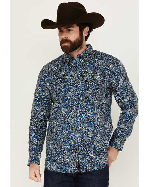 Moonshine Spirit Men's Verano Floral Paisley Print Long Sleeve Snap Western Shirt , Blue, hi-res