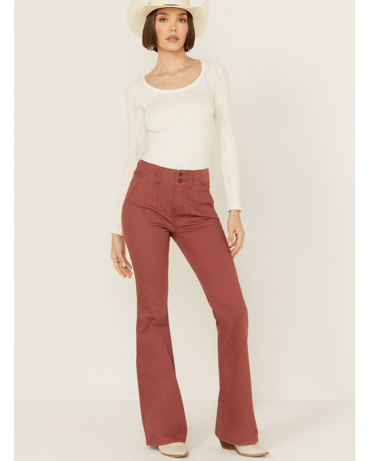Image #1 - Shyanne Women's Marsala Darted Waist Comfort Stretch Super Flare Jeans, Rust Copper, hi-res
