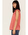 Panhandle Women's Floral Embroidered Swiss Dot Sleeveless Ruffle Shirt, Coral, hi-res