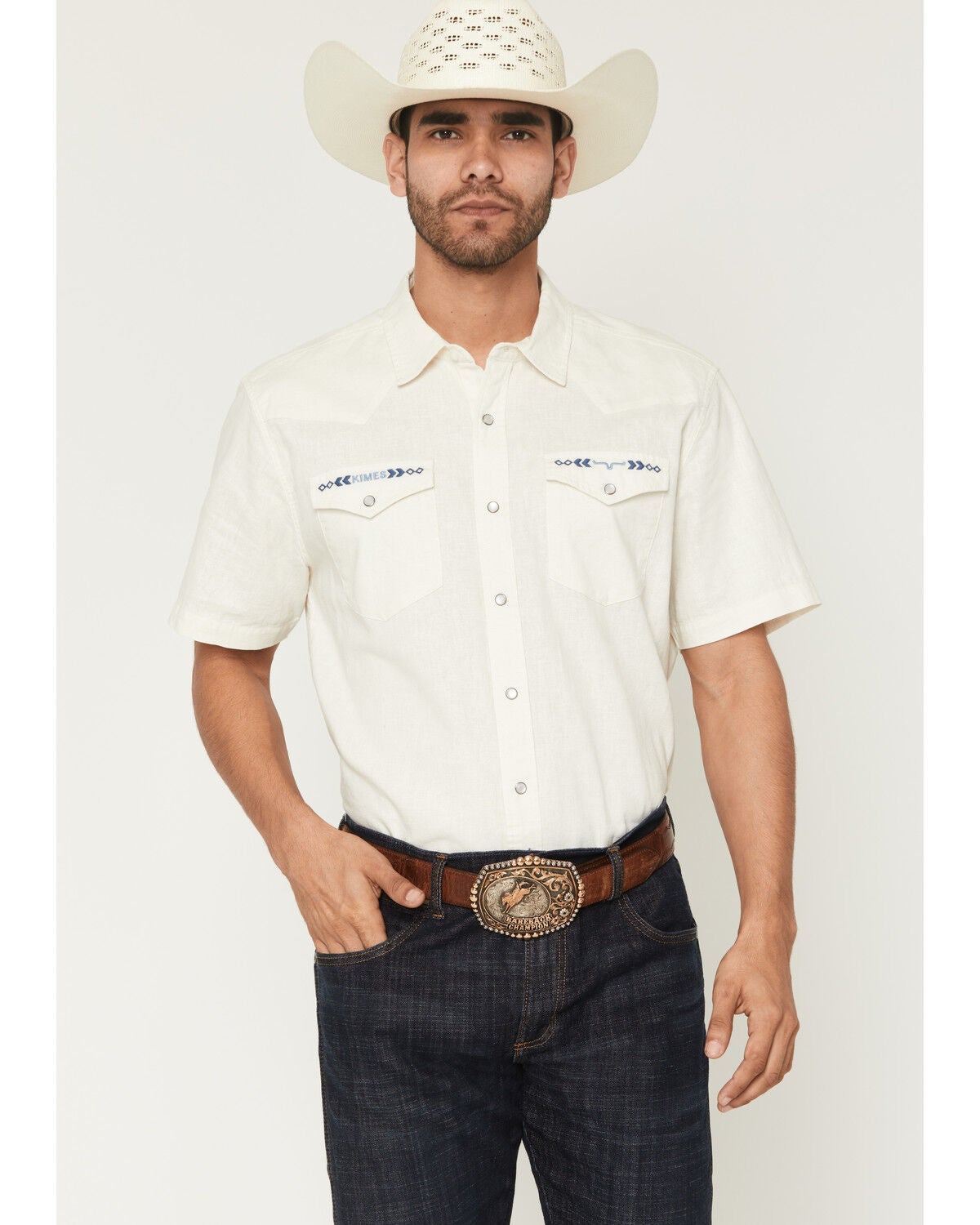 Kimes Ranch Men's Nuce Embroidered Pocket Short Sleeve Pearl Snap Western Shirt, Cream, hi-res