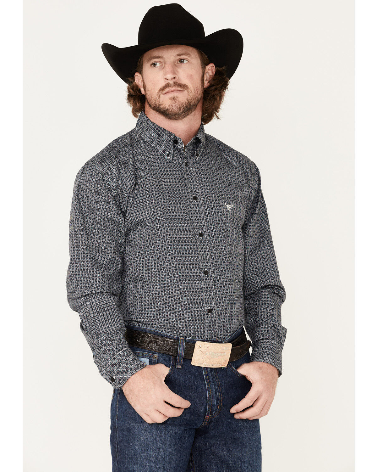 Image #1 - Cowboy Hardware Men's Wavy Square Geo Print Button Down Western Shirt, Navy, hi-res