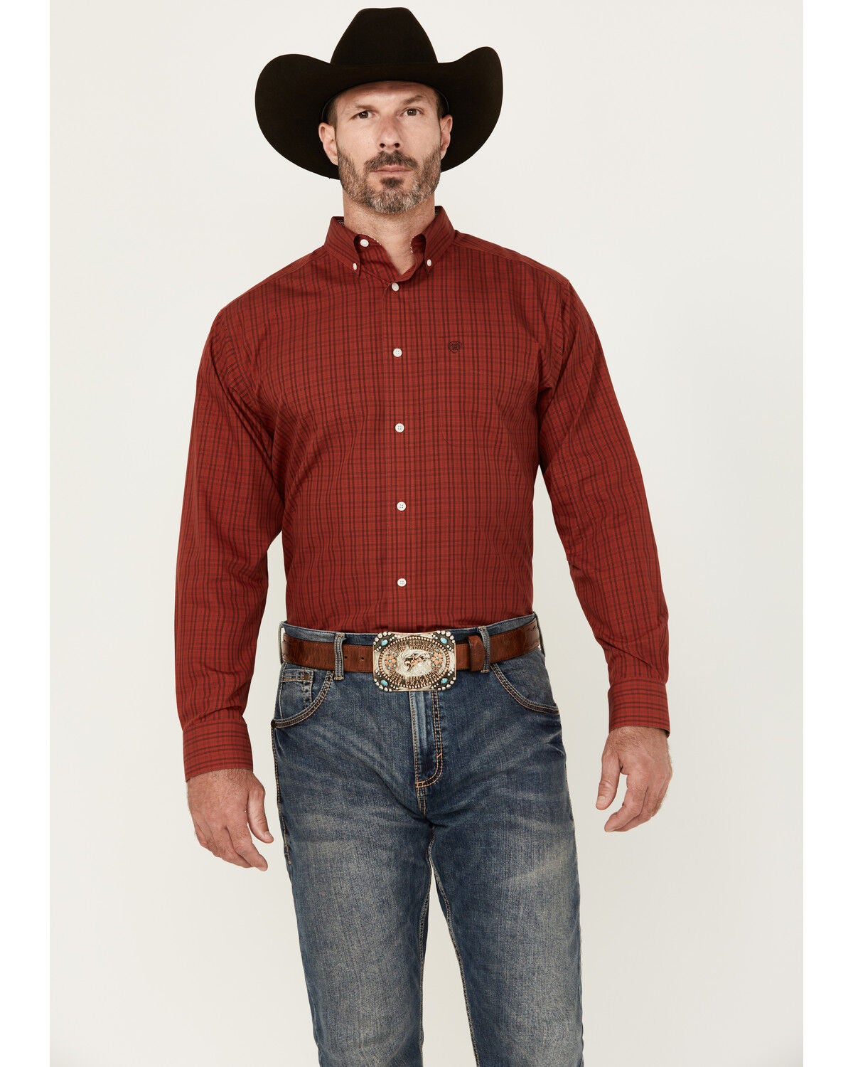 Image #1 - Ariat Men's Ian Plaid Print Long Sleeve Button-Down Western Shirt, Red, hi-res