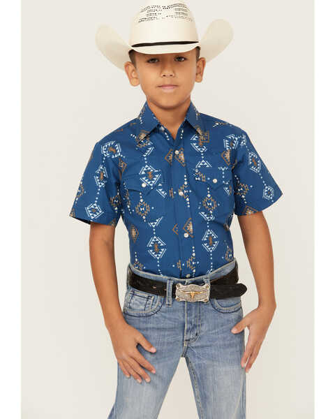 Image #1 - Ely Walker Boys' Southwestern Print Short Sleeve Pearl Snap Western Shirt , Indigo, hi-res