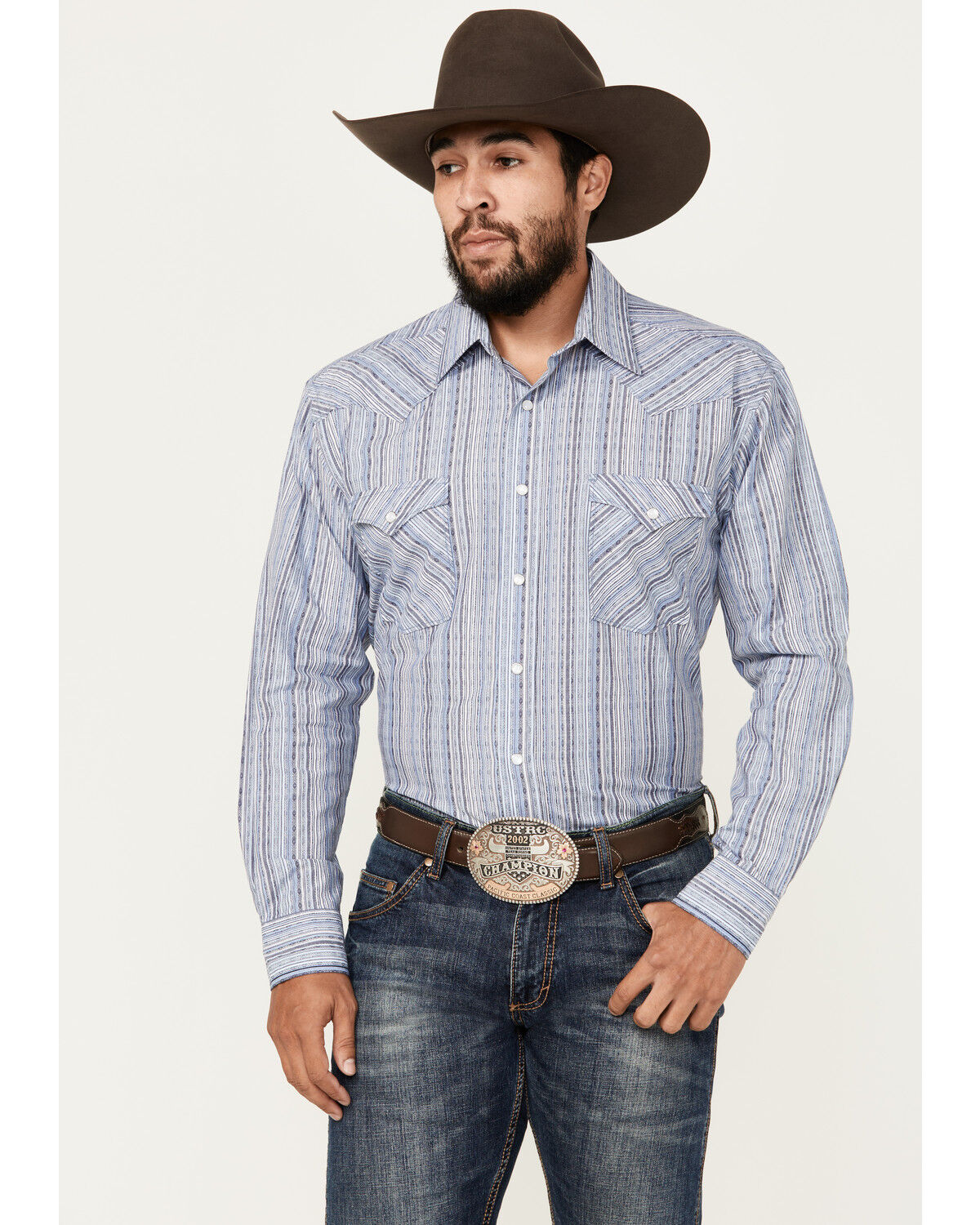 Image #1 - Rough Stock by Panhandle Men's Striped Long Sleeve Pearl Snap Stretch Western Shirt, Blue, hi-res
