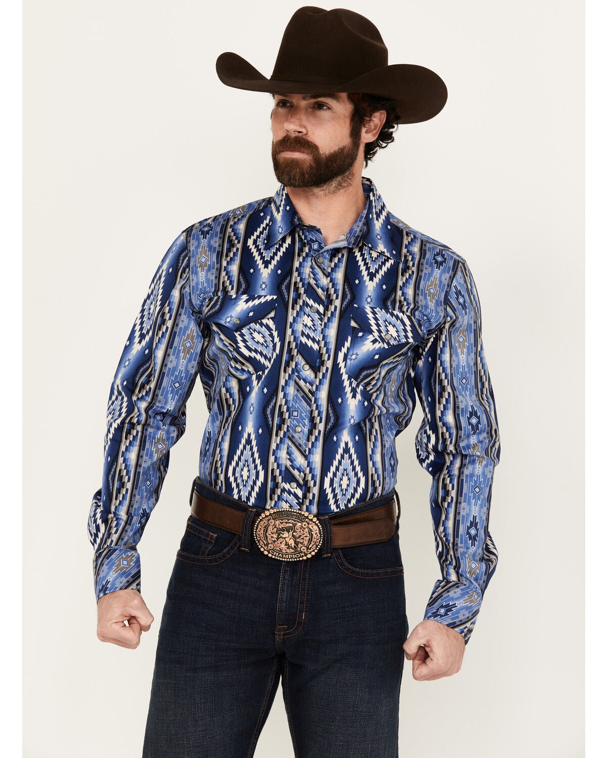 Rock & Roll Denim Men's Southwestern Striped Long Sleeve Pearl Snap Stretch Western Shirt, Blue, hi-res