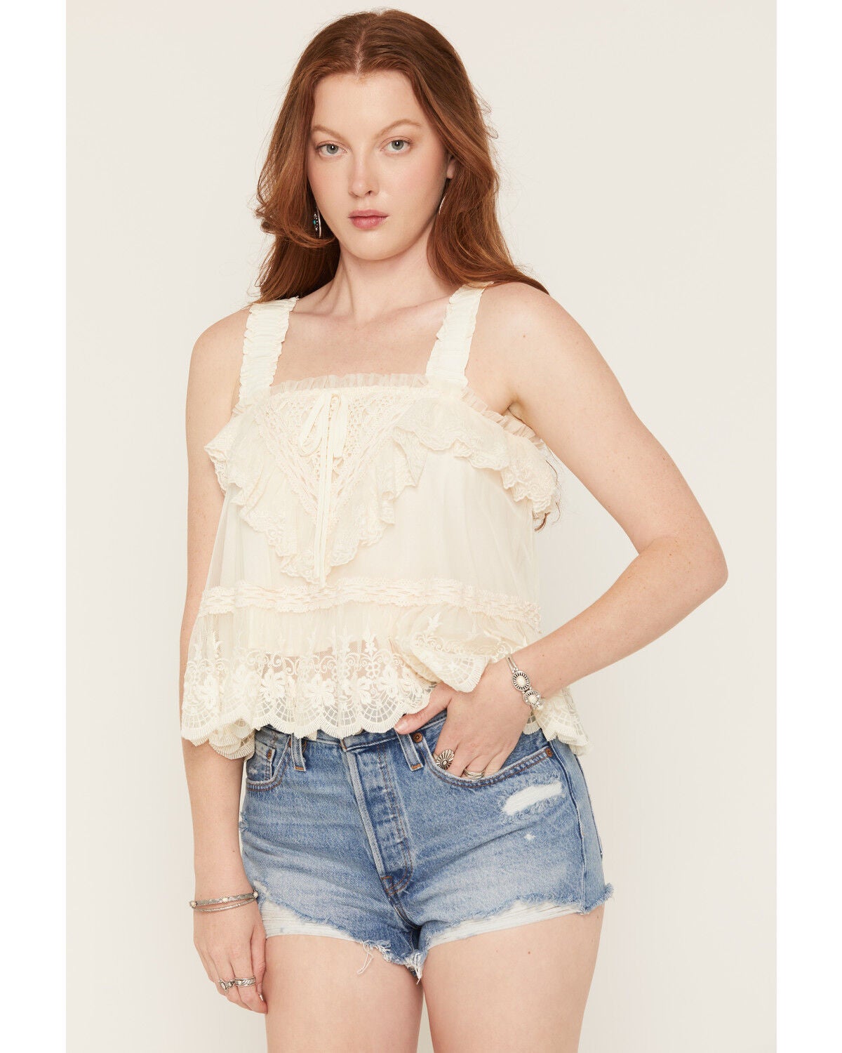 Miss Me Women's Sleeveless Lace Ruffle Top, Cream, hi-res