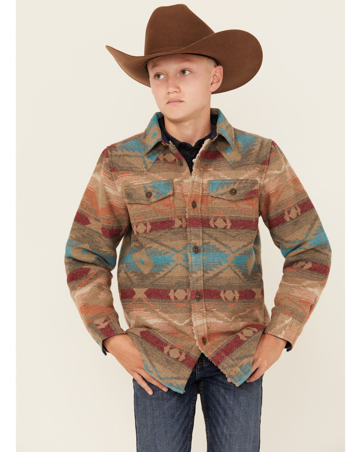 Image #1 - Cody James Boys' Base Camp Southwestern Print Sherpa Lined Shacket, Tan, hi-res