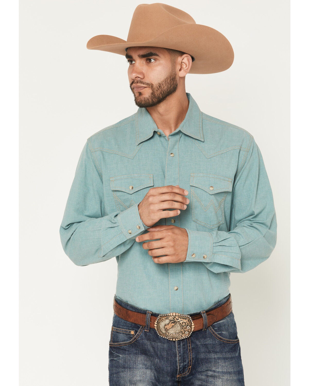 Wrangler Retro Men's Solid Long Sleeve Snap Western Shirt, Teal, hi-res