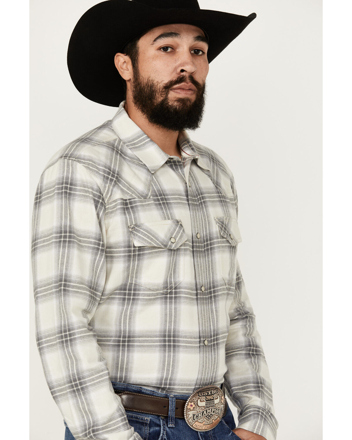 Image #2 - Blue Ranchwear Men's Hawkins Plaid Print Long Sleeve Snap Western Shirt, Grey, hi-res