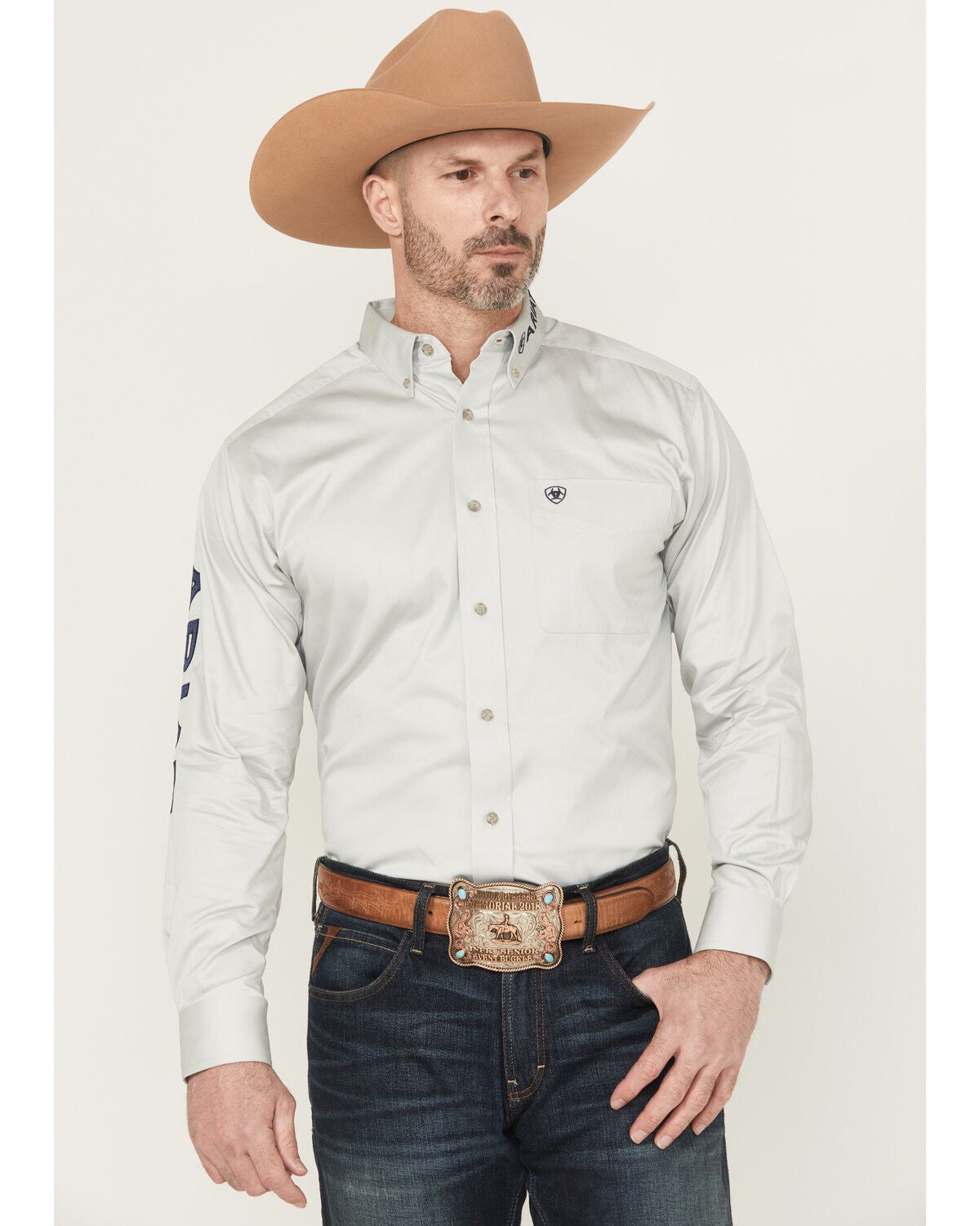 Image #3 - Ariat Men's Team Logo Twill Solid Long Sleeve Button-Down Western Shirt - Big, Light Grey, hi-res