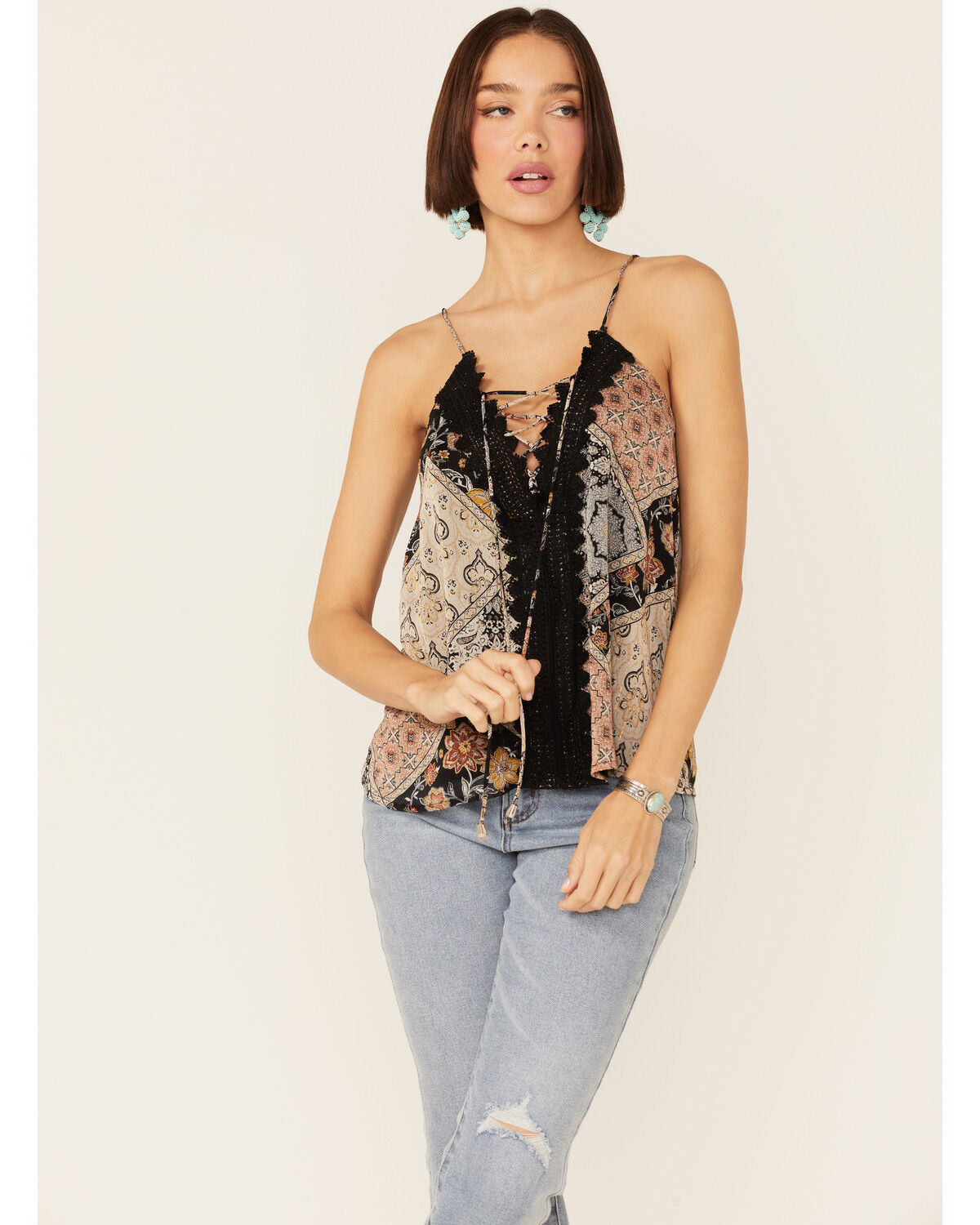 Image #1 - Miss Me Women's Multicolored Patchwork Lace Tank, Black, hi-res