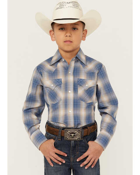 Image #1 - Ely Walker Boys' Textured Plaid Print Long Sleeve Pearl Snap Western Shirt, Blue, hi-res