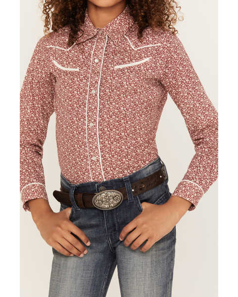 Image #3 - Roper Girls' Ditsy Floral Print Long Sleeve Pearl Snap Retro Western Shirt, Red, hi-res