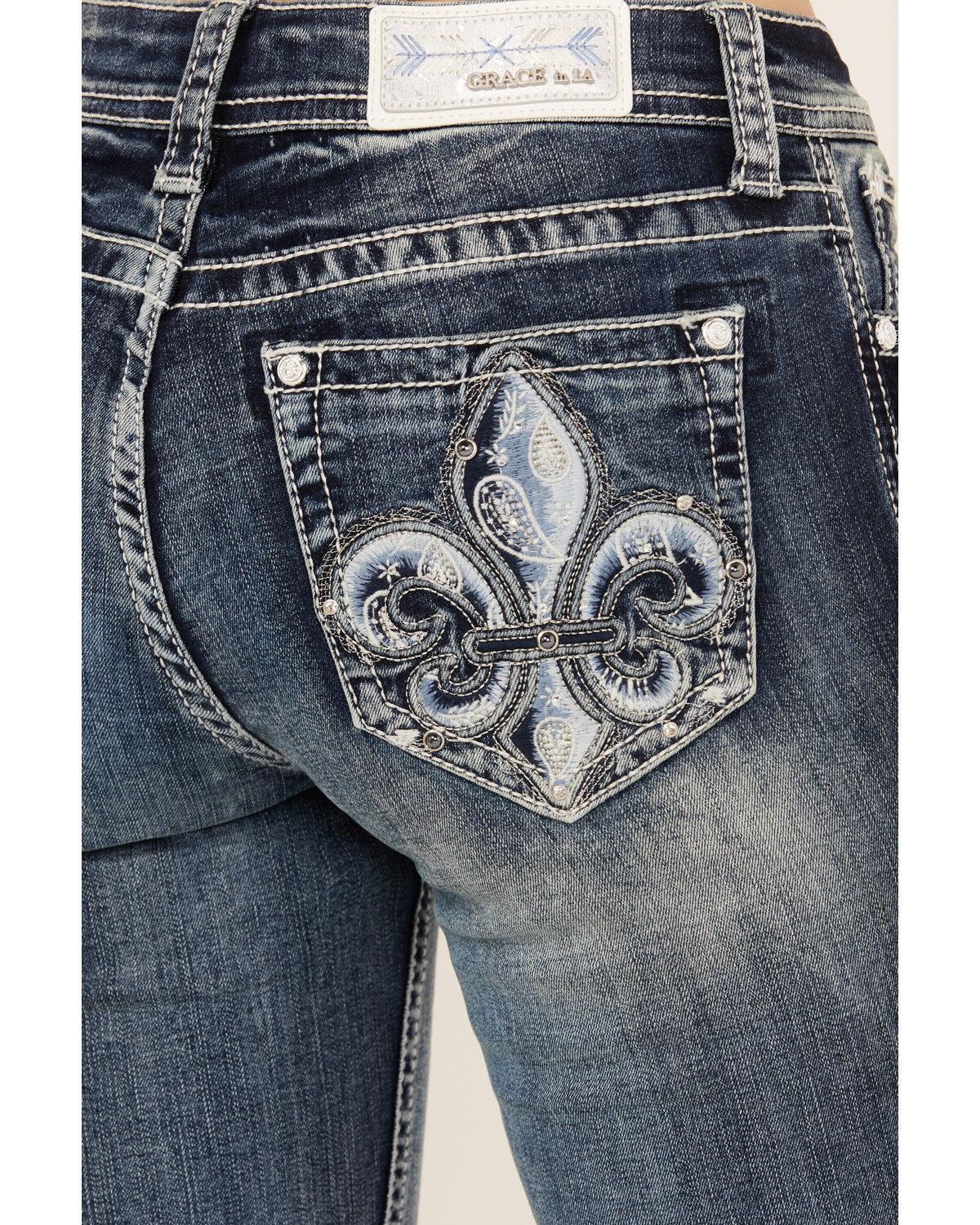 Image #2 - Grace In LA Women's Fleur De Lis Embroidered Pocket Bootcut Stretch Denim Jeans, Medium Wash, hi-res