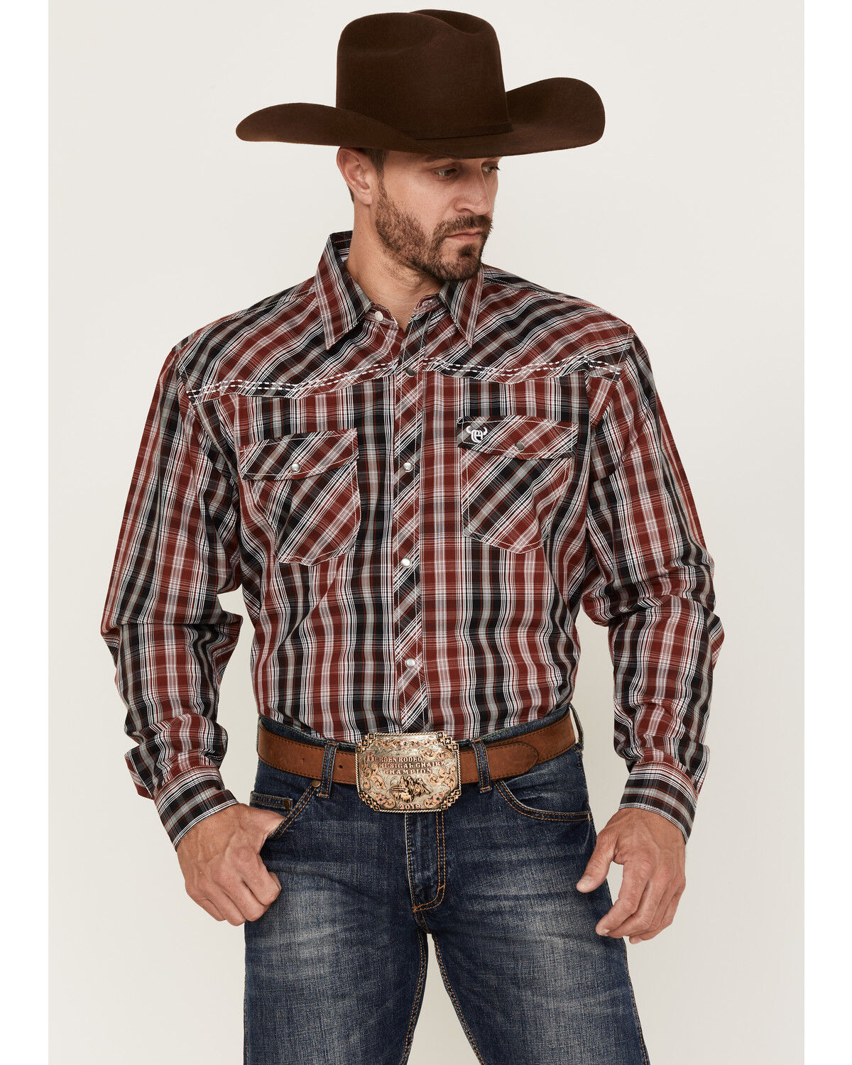 Image #1 - Cowboy Hardware Men's Arroyo Large Plaid Snap Western Shirt, Red, hi-res