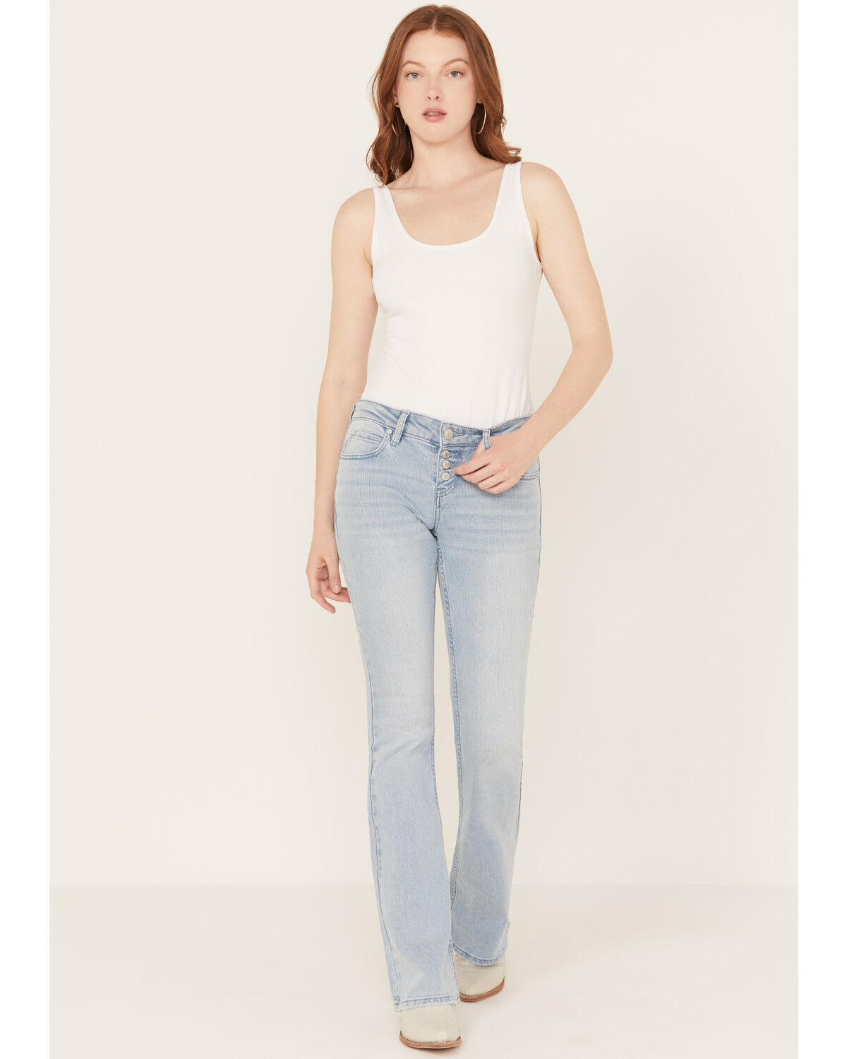Image #1 - Shyanne Women's Senita Light Medium Wash Low Rise Bootcut Stretch Denim Jeans, Light Medium Wash, hi-res