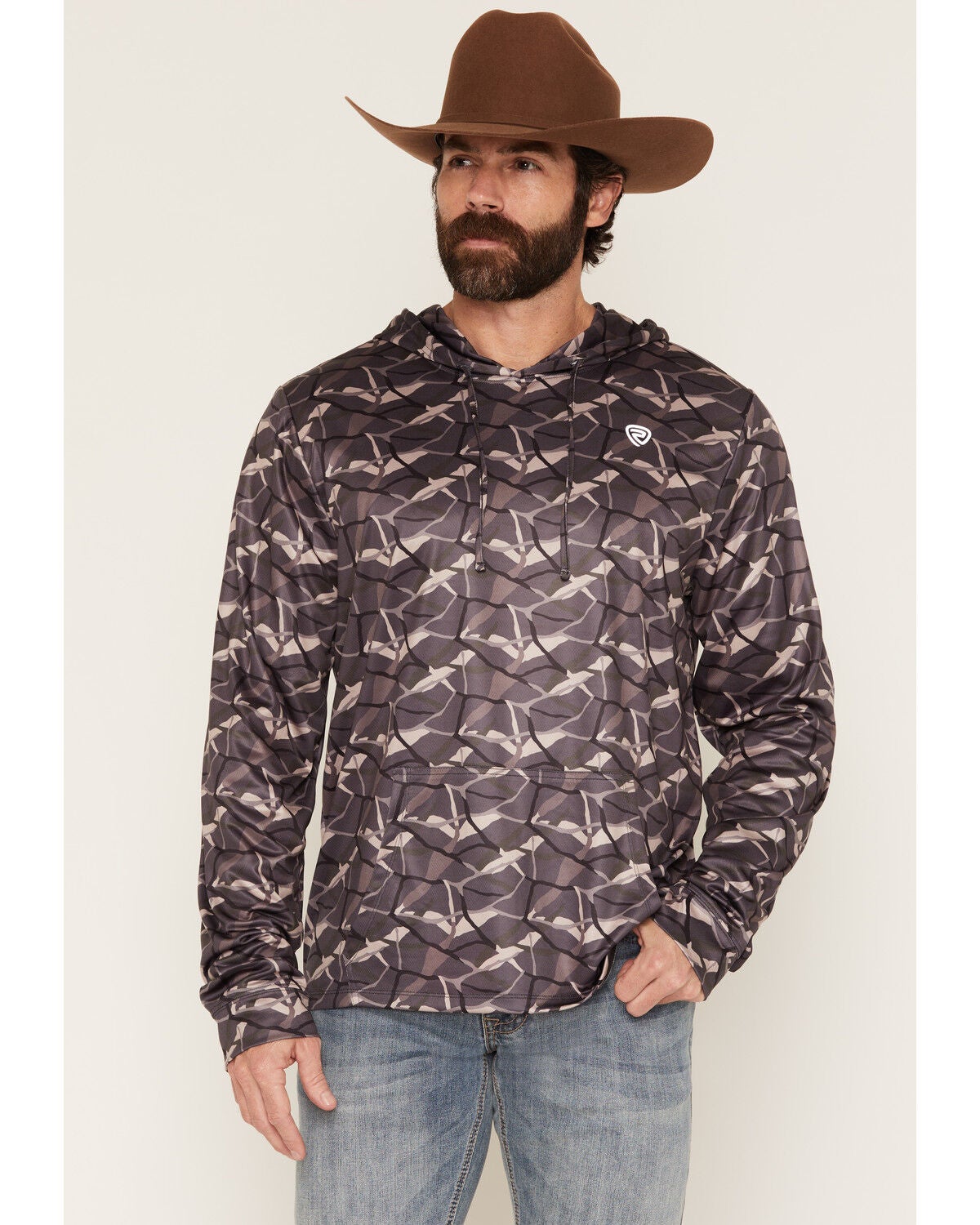 Rock & Roll Denim Men's Camo Print Long Sleeve Hooded Performance Shirt, Taupe, hi-res