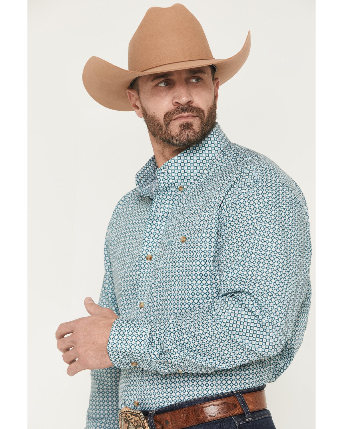 Image #2 - Wrangler Men's Classics Geo Print Long Sleeve Button-Down Western Shirt, Turquoise, hi-res