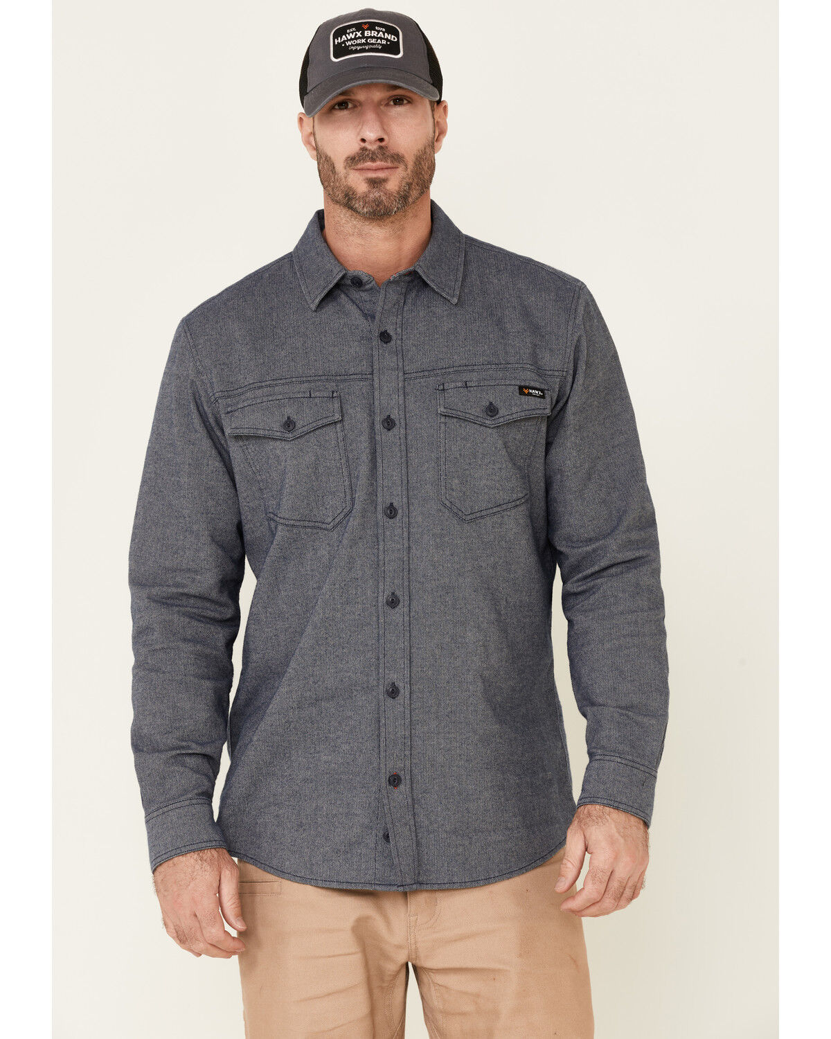 Image #1 - Hawx Men's Greyline Solid Stretch Herringbone Long Sleeve Work Shirt, Navy, hi-res