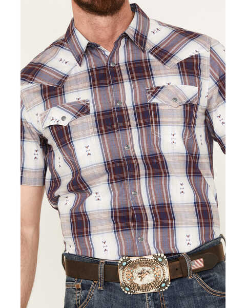 Image #3 - Cody James Men's Dog Southwestern Dobby Plaid Print Short Sleeve Western Snap Shirt, Tan, hi-res