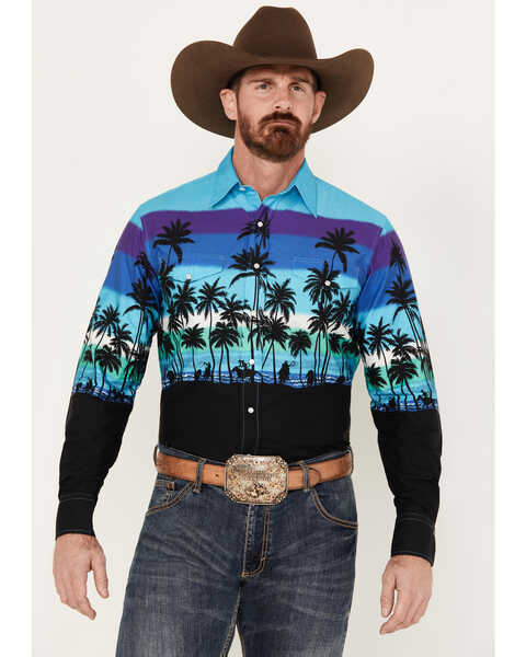Image #1 - Roper Men's Vintage Palm Tree Beach Print Long Sleeve Pearl Snap Western Shirt, Blue, hi-res