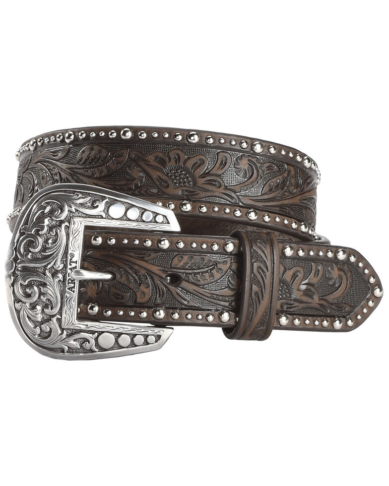 Ariat Tooled & Studded Leather Belt, Brown, hi-res