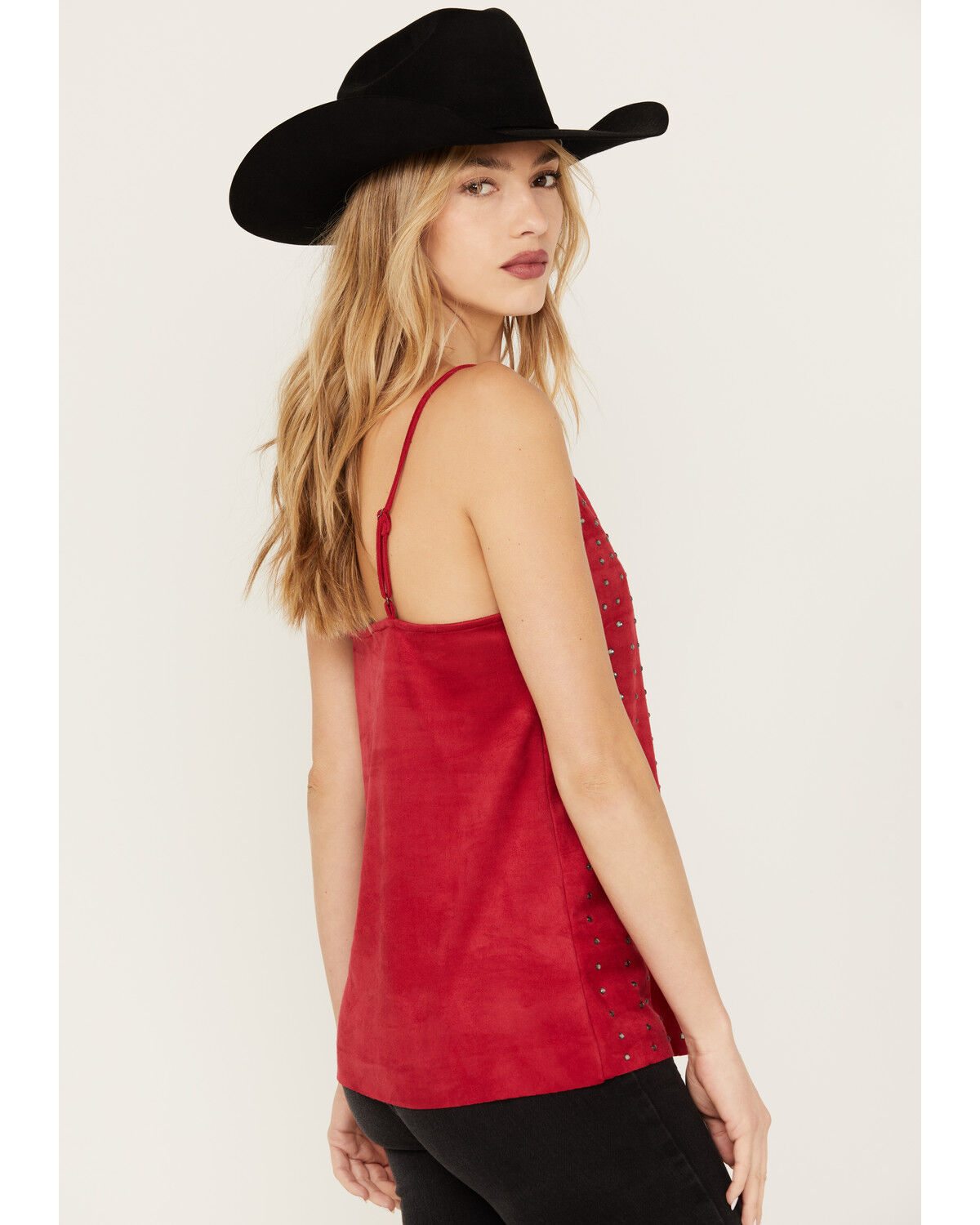 Image #4 - Vocal Women's Studded Faux Suede Cami Top, Red, hi-res