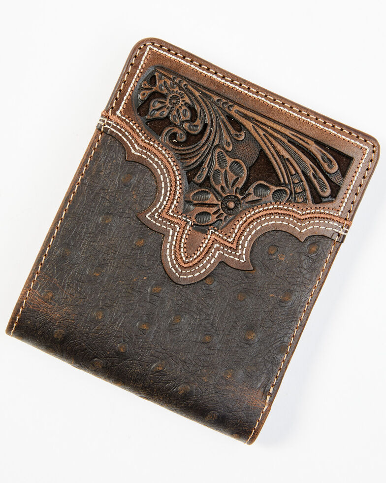 Cody James Men's Brown Ostrich Bifold Tooled Wallet, Brown, hi-res