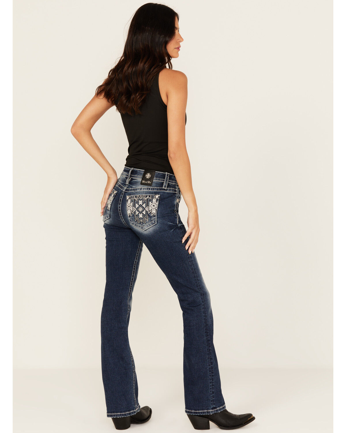 Image #1 - Miss Me Women's Dark Wash Mid Rise Geo Pocket 32" Bootcut Stretch Denim Jeans, Dark Wash, hi-res