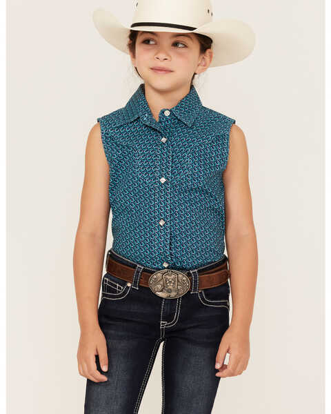 Image #1 - Rock & Roll Denim Girls' Horseshoe Print Sleeveless Pearl Snap Western Shirt, Turquoise, hi-res