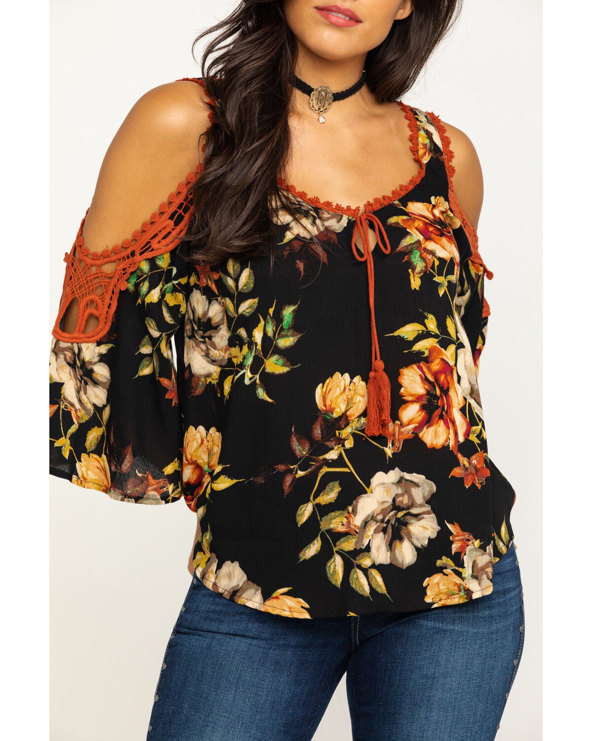 black floral cold shoulder top
