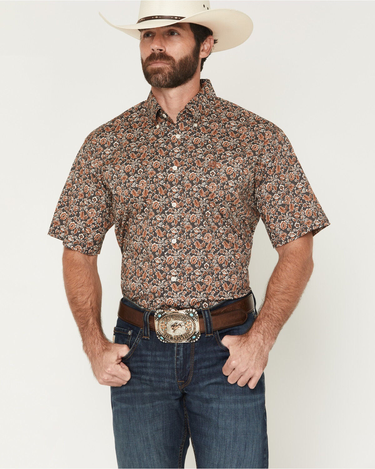 Image #1 - Cinch Men's Boot Barn Exclusive Floral Print Short Sleeve Button-Down Stretch Western Shirt, Charcoal, hi-res