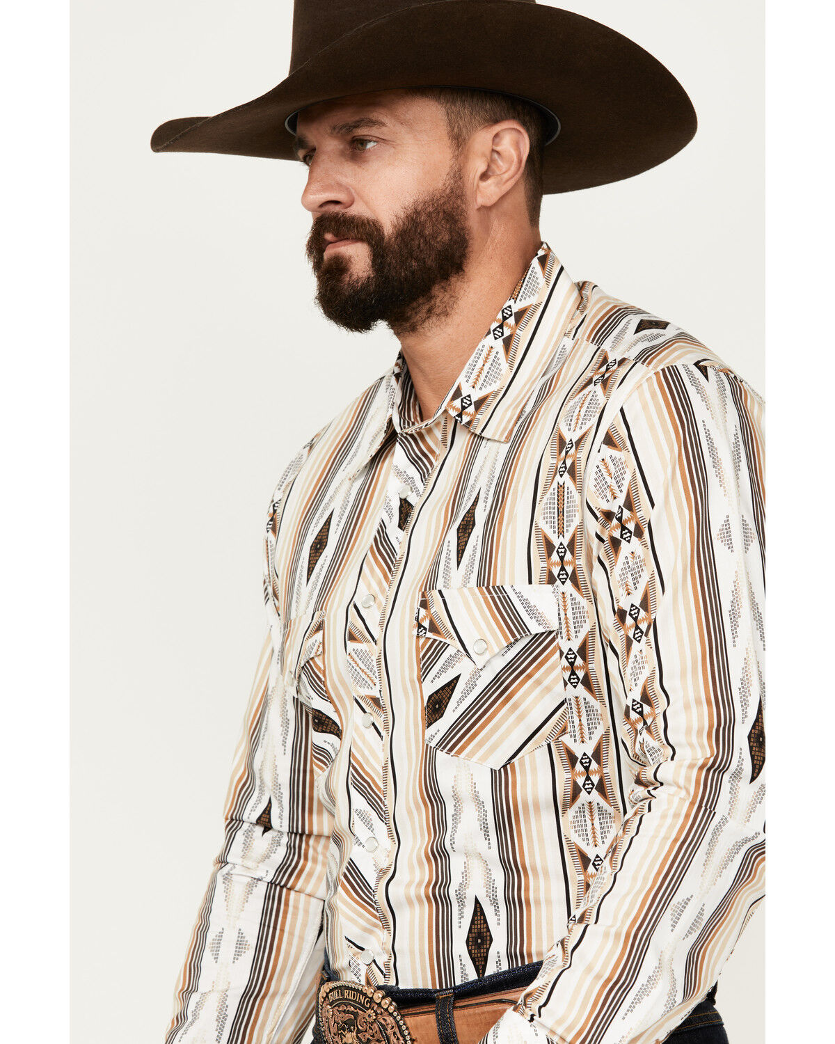 Image #2 - Rock & Roll Denim Men's Southwestern Striped Print Long Sleeve Pearl Snap Stretch Western Shirt, Tan, hi-res