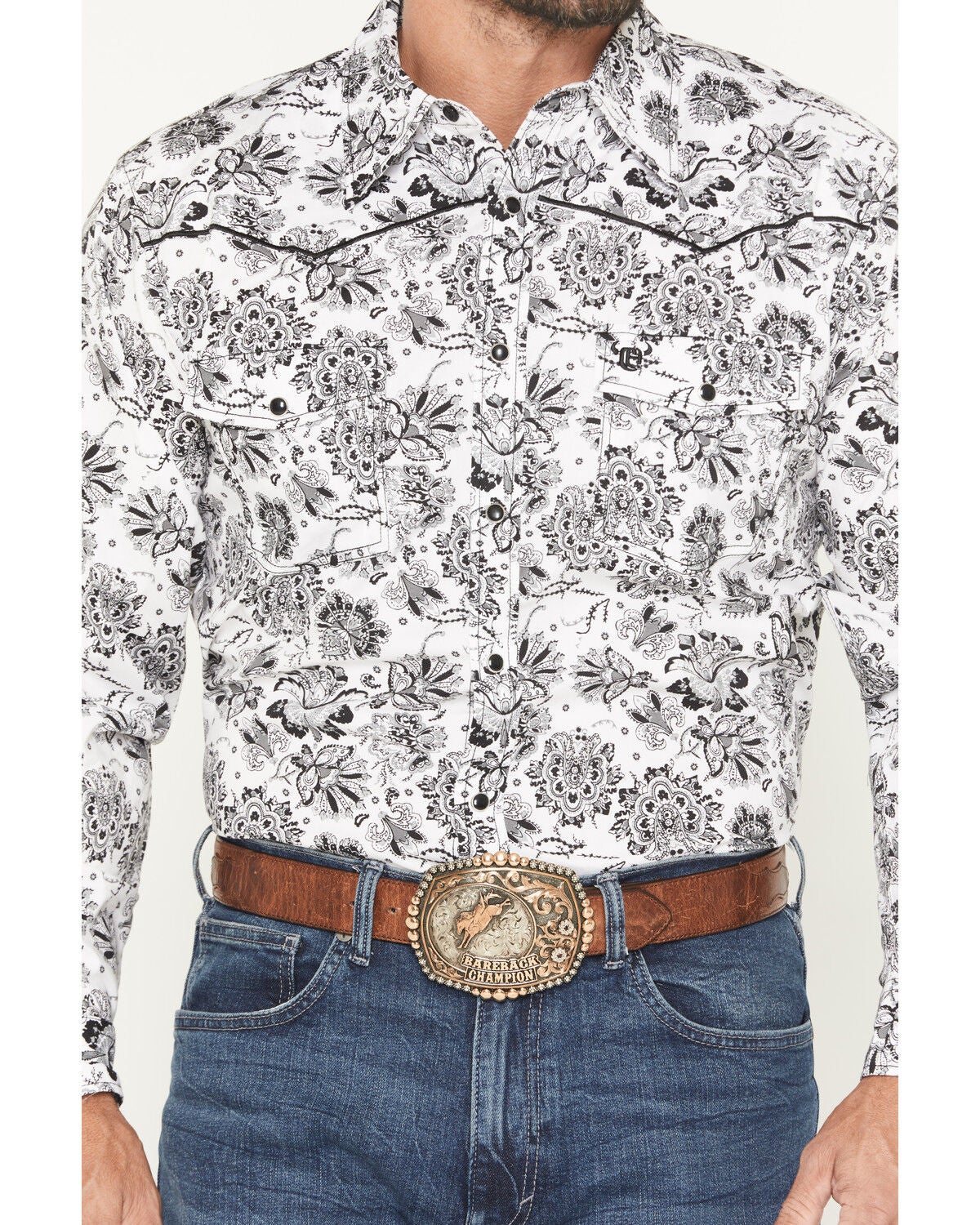 Image #3 - Cowboy Hardware Men's Peacock Paisley Print Long Sleeve Snap Stretch Western Shirt, White, hi-res