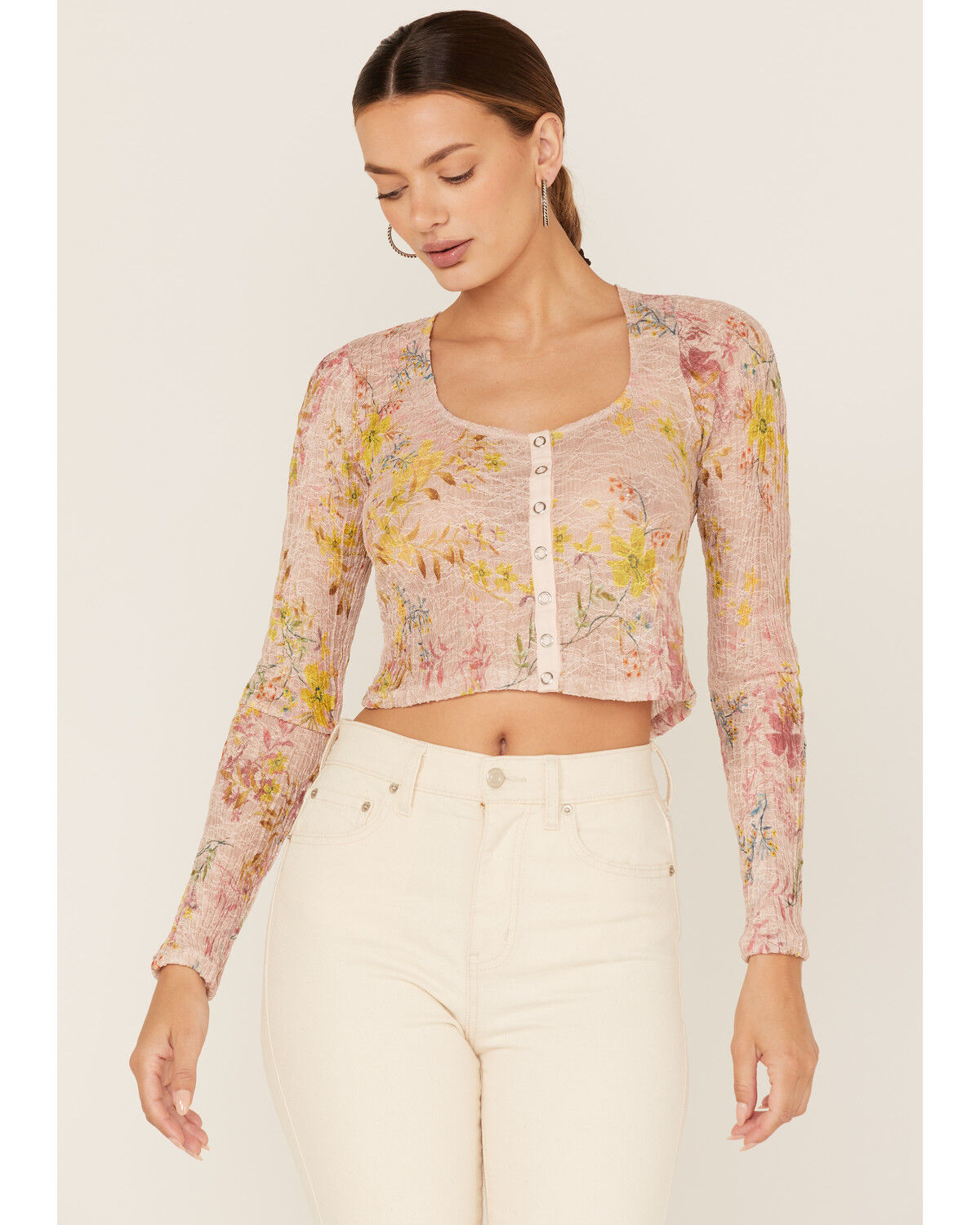 Image #1 - Free People Women's Angelina Floral Print Crop Top, Light Pink, hi-res