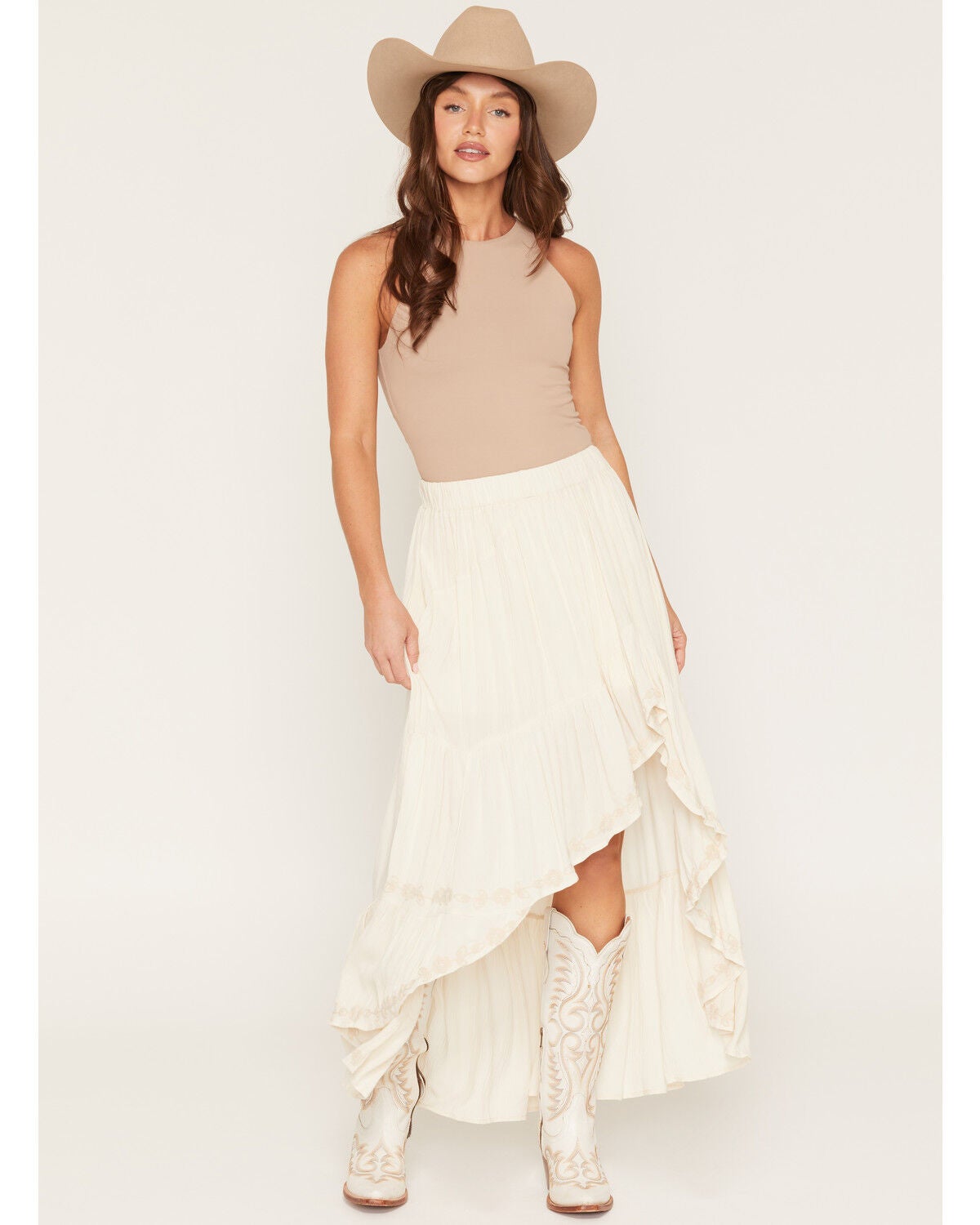 Shyanne Women's Hattie Embroidered High-Low Hem Midi Skirt, Beige, hi-res