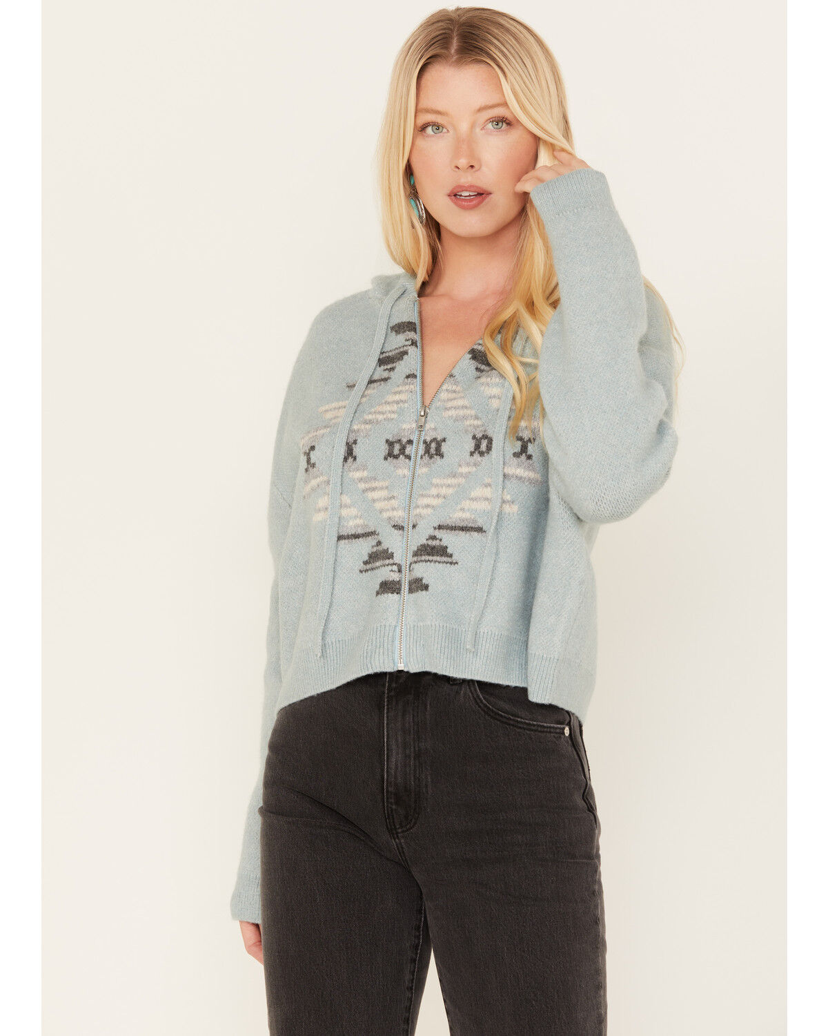 Image #1 - Ariat Women's Agave Garden Intarsia Southwestern Knit Zip Hooded Pullover, Teal, hi-res