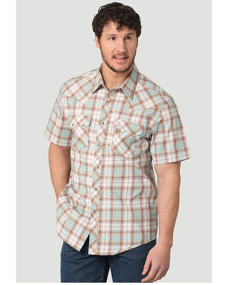Wrangler Retro Men's Plaid Short Sleeve Snap Western Shirt , Brown, hi-res